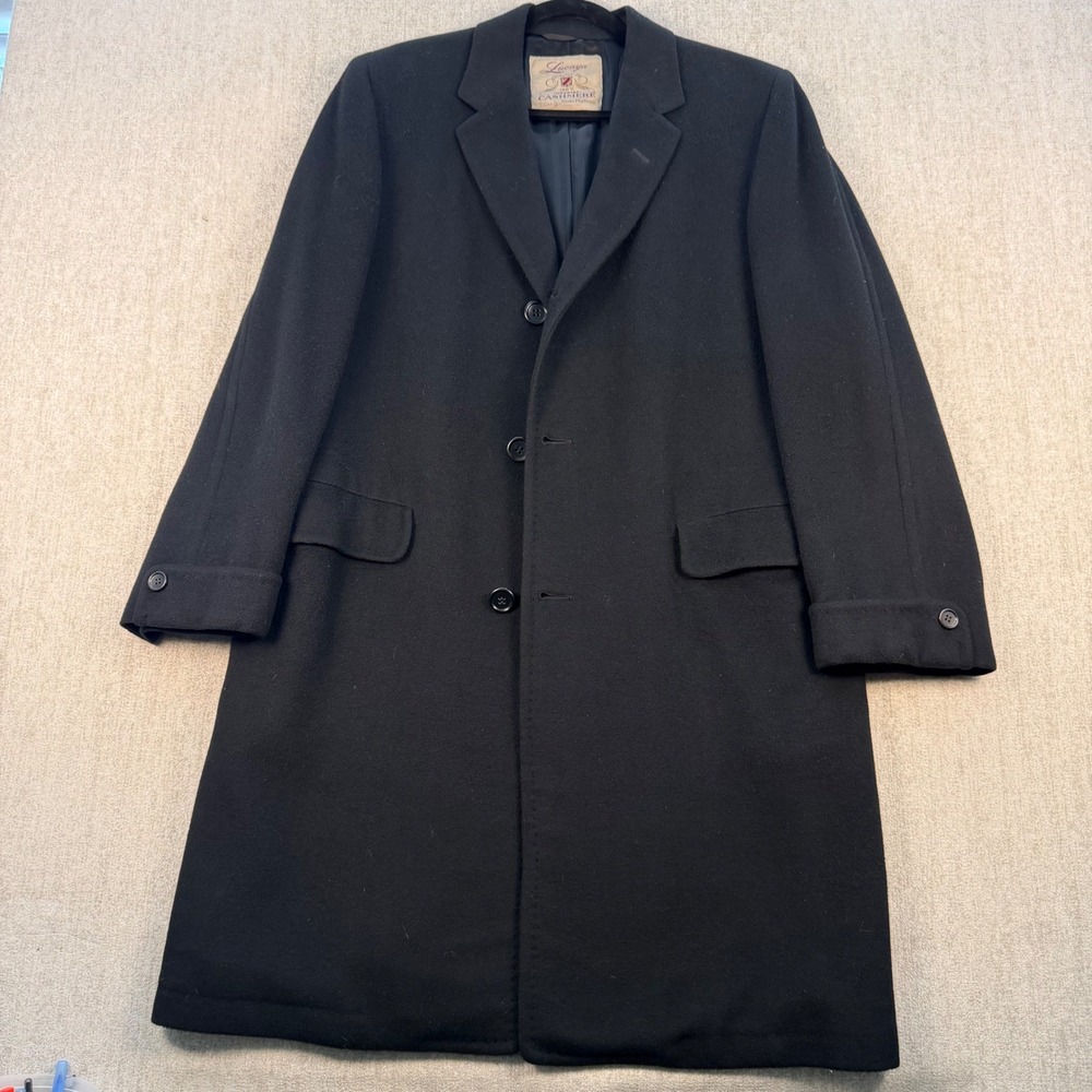 Lucaya Overcoat Mens L Black 100% Cashmere Long Trench Jacket Luxury